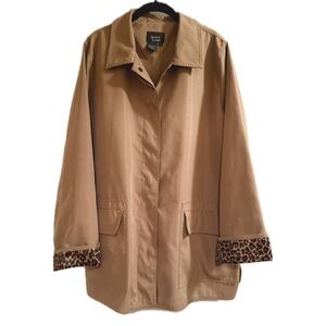 DENNIS BASSO Tan Black Leopard Print Mid Length Utility Jacket Size 1X